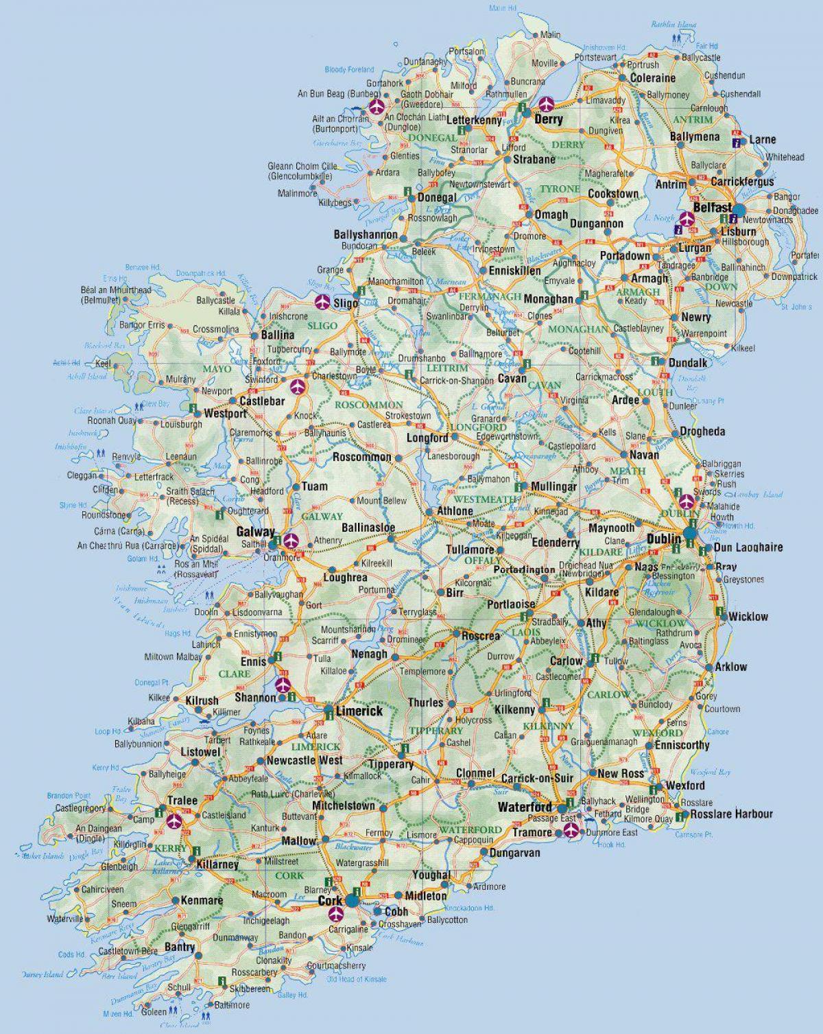 Mapa portów lotniczych w Irlandii
